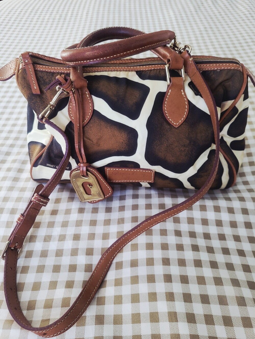 Dooney & Bourke Brown and White Giraffe-Print Leather Satchel, Removable Strap